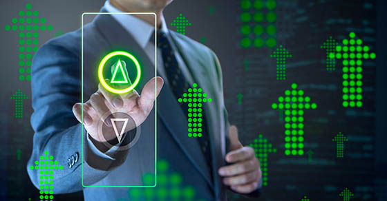Business administrator pressing the virtual elevator button for next levels up in concept of more advance to a success.