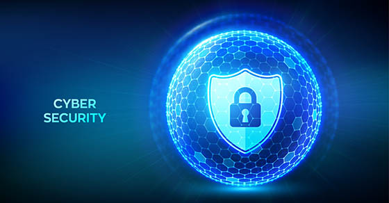 Cyber security. Information protect and or safe concept. Abstract 3D sphere or globe with surface of hexagons with icon illustrates cyber data security or network security idea. Vector illustration.